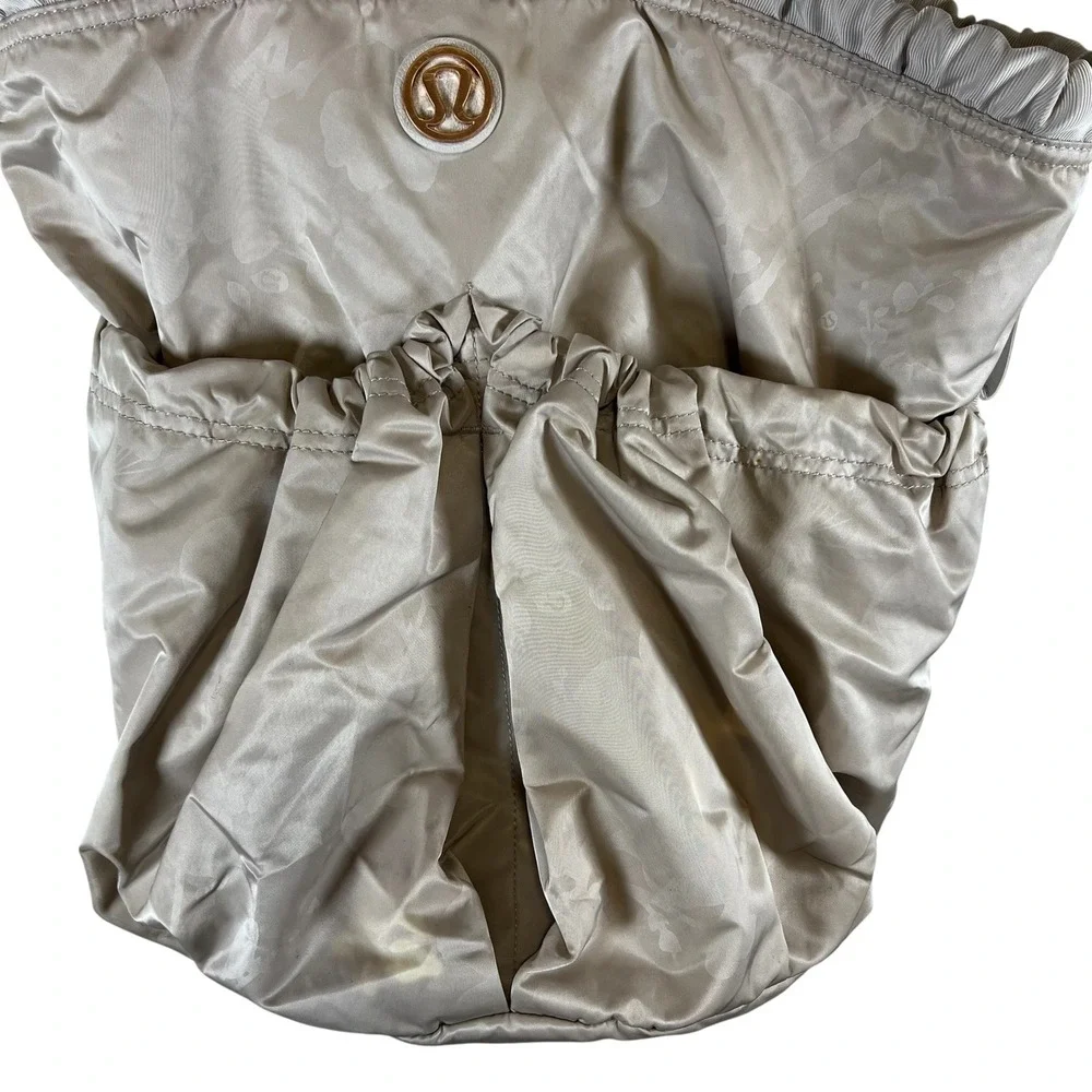 Lululemon Floral Drawstring Gym Tote Bag Taupe Champagne Rose Gold Logo *FLAWED*